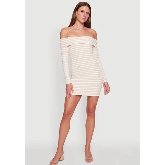Iris Striped Off-the-Shoulder Mini Bodycon Dress – Taupe – Size large - Picture 1 of 6